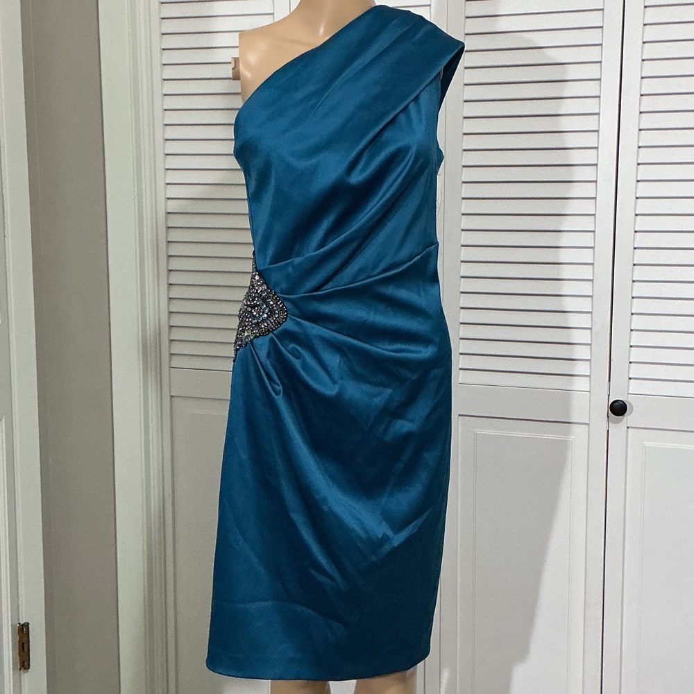 Eliza J One-Shoulder Teal Blue Satin Cocktail Dress with Beaded Accent